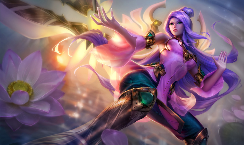 1girl, blade, boots, cleavage_cutout, detached_sleeves, flower, green_eyes, highres, irelia, knee_boots, league_of_legends, long_hair, lotus, michelle_hoefener, official_art, order_of_the_lotus_irelia, purple_hair, solo, very_long_hair
