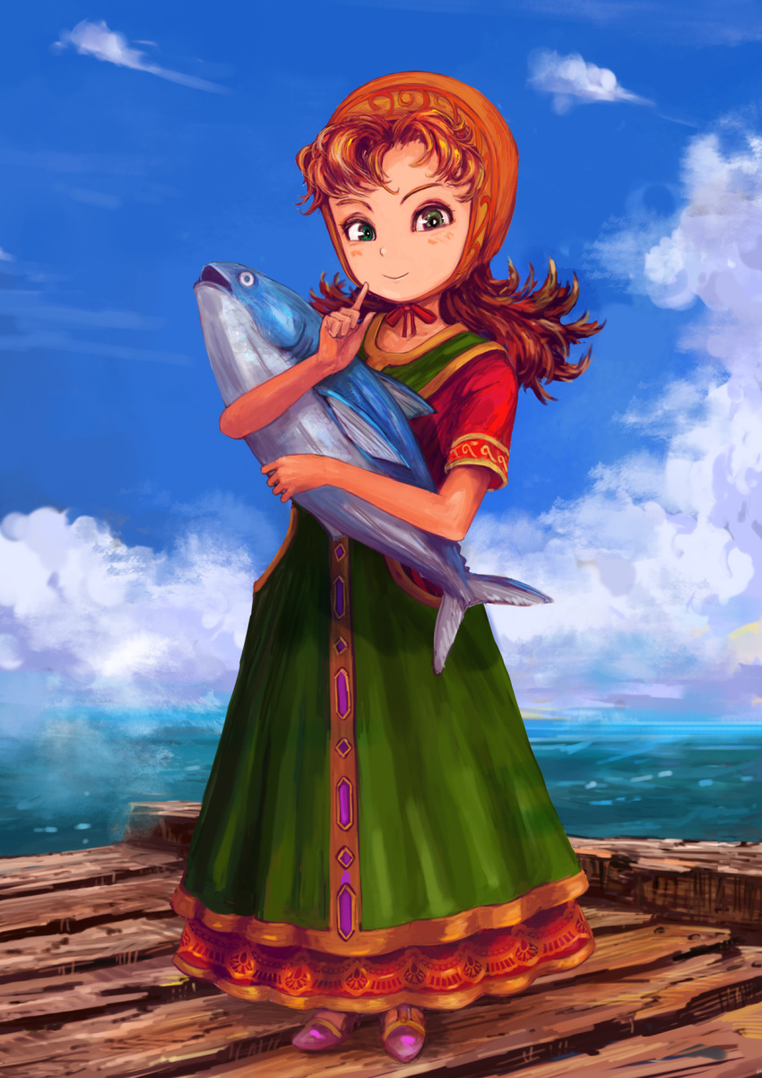 1girl, blue_eyes, blush, breasts, curly_hair, dragon_quest, dragon_quest_vii, dress