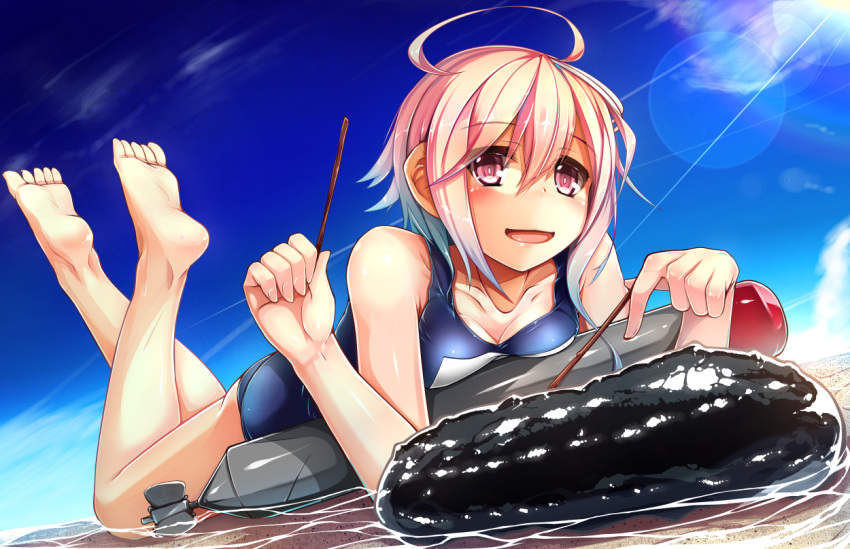 1girl, :d, ahoge, barefoot, blush, breasts, cleavage, dutch_angle