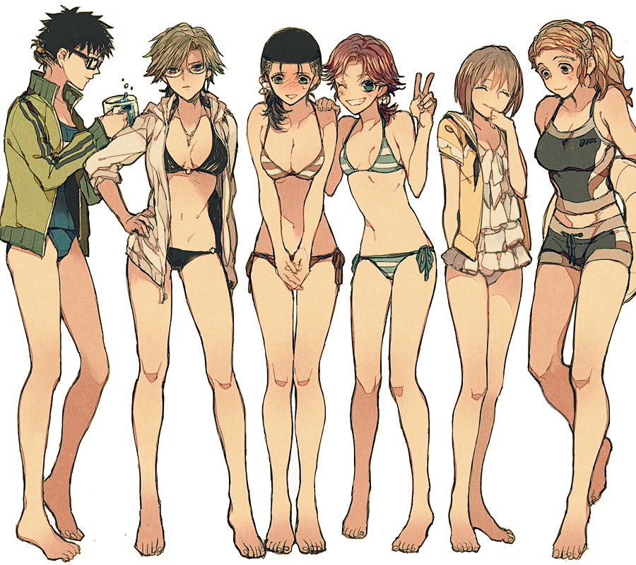 6+girls, :3, :d, ^_^, arm_at_side, bandaid, bandaid_on_face, bangs