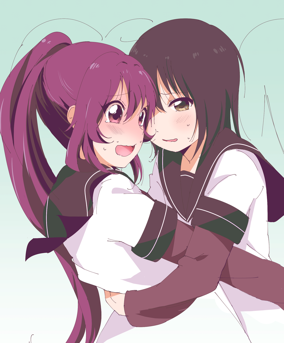 2girls, black_hair, brown_eyes, embarrassed, funami_yui, hug, kamiki_uutarou, long_hair, multiple_girls, mutual_embarrassment, pink_eyes, ponytail, purple_hair, school_uniform, short_hair, sugiura_ayano, sweat, wavy_mouth, yuri, yuru_yuri