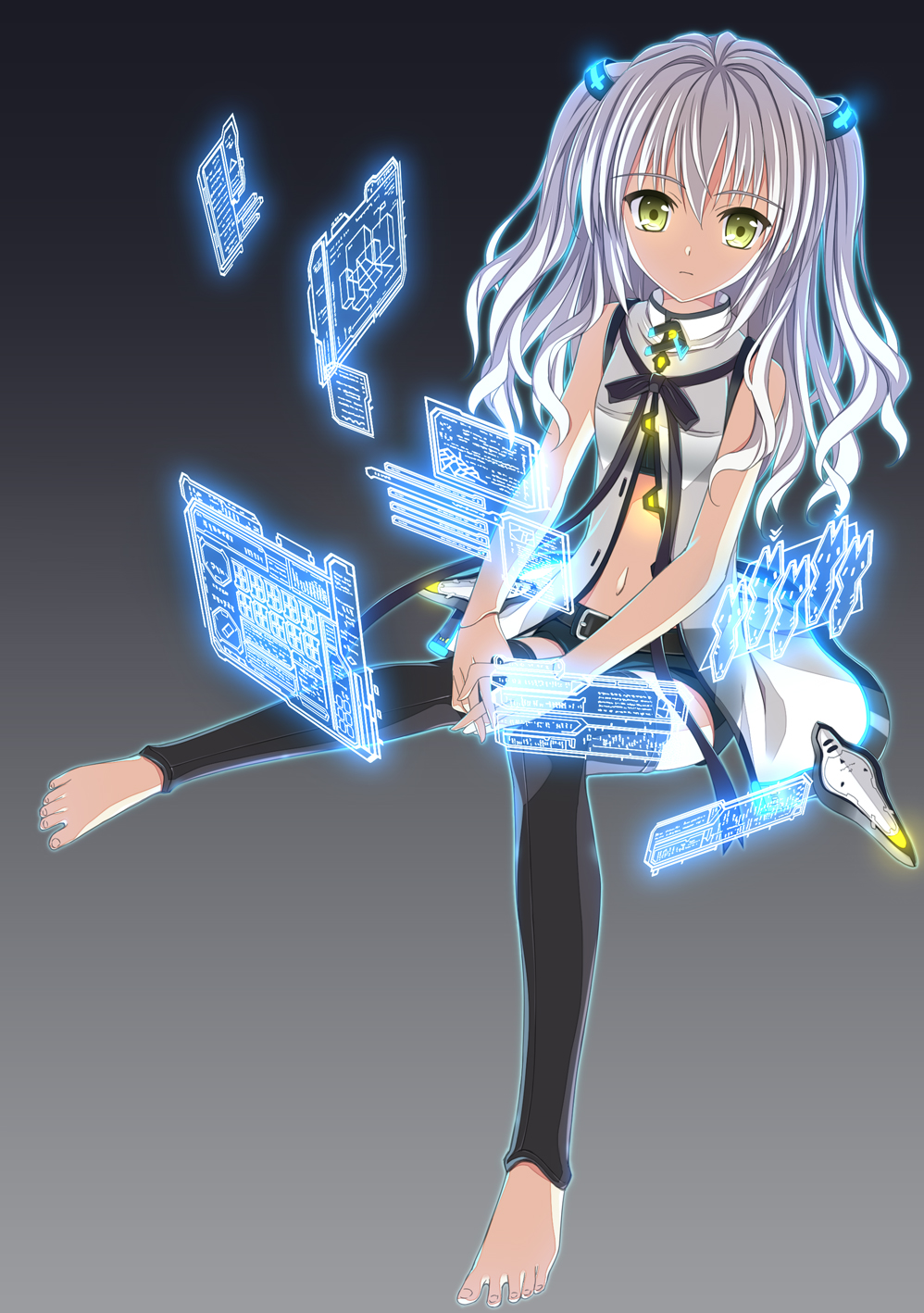 1girl, bare_shoulders, barefoot, black_legwear, flourite_avega, gradient, gradient_background, highres, ike_masato, komorebi_no_nostalgica, long_hair, looking_at_viewer, navel, simple_background, sleeveless, solo, toeless_legwear, two_side_up, white_hair, yellow_eyes