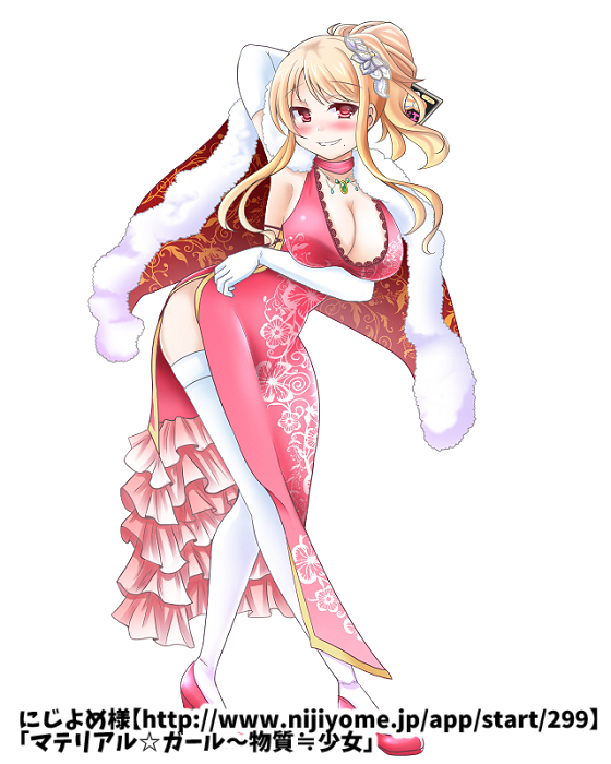 1girl, arm_behind_head, armpits, blonde_hair, blush, breast_hold, breasts, cape