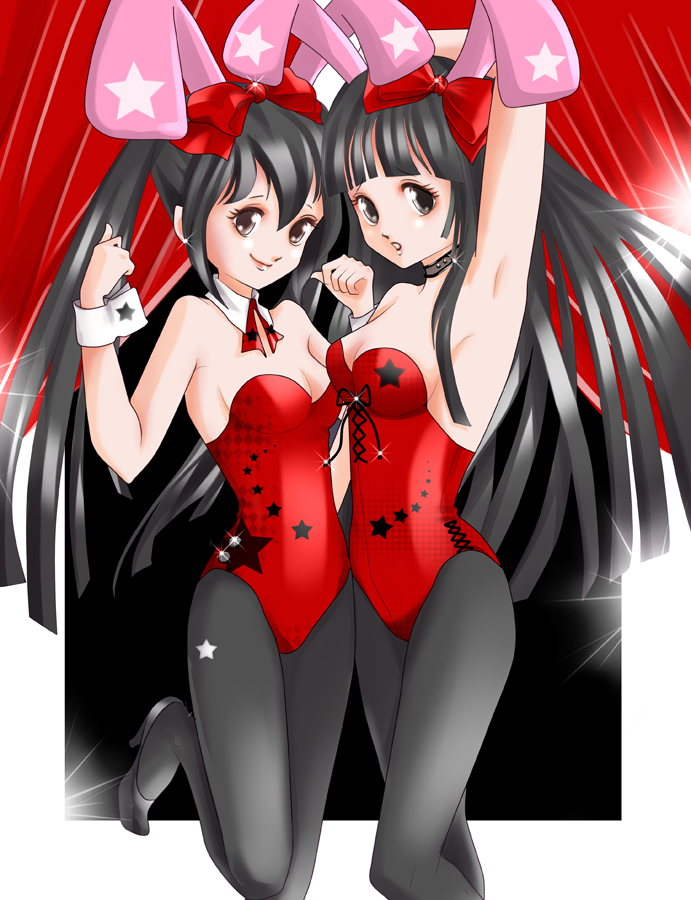 2girls, akiyama_mio, animal_ears, black_eyes, black_hair, brown_eyes, bunny_ears, bunnysuit