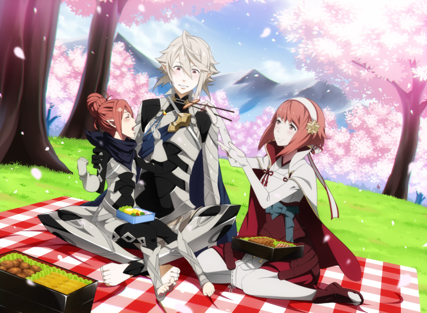 1boy, 2girls, absurdres, cherry_blossoms, commentary, dannex009, family, father_and_daughter