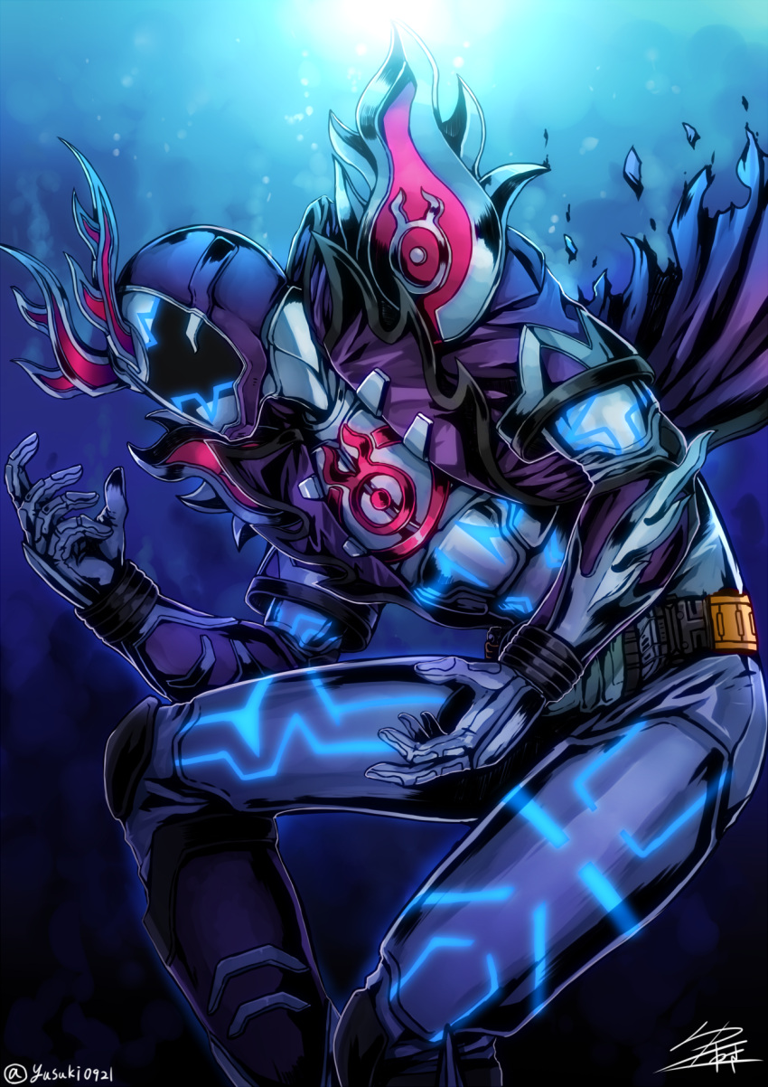 1boy, belt, cardiogram, glowing, highres, hood, horns, jacket