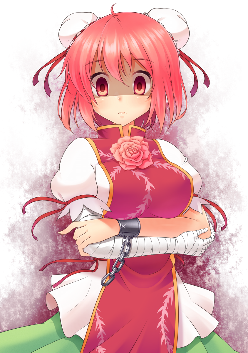 1girl, aura, bandaged_arm, bandages, blank_stare, chinese_clothes, crossed_arms, cuffs, dark_aura, double_bun, empty_eyes, flower, green_skirt, highres, ibaraki_kasen, looking_at_viewer, pink_eyes, pink_hair, pink_rose, puffy_sleeves, rose, serious, shaded_face, shirt, short_hair, skirt, solo, tabard, tappei, thorns, touhou, white_shirt