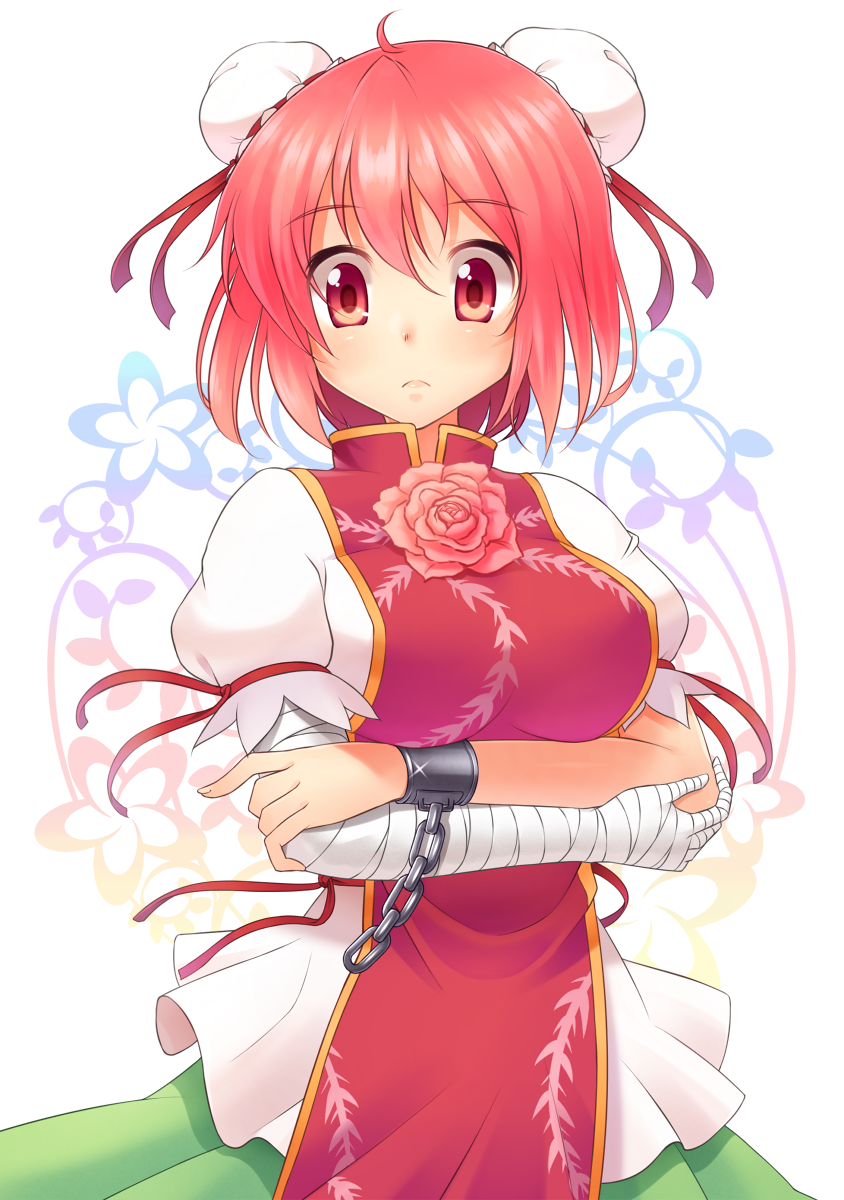 1girl, bandaged_arm, bandages, chinese_clothes, crossed_arms, cuffs, double_bun, flower