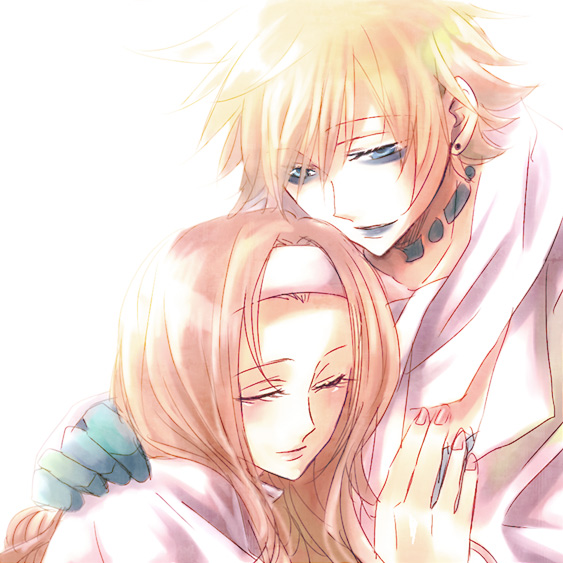 1girl, blonde_hair, blue_eyes, brown_hair, closed_eyes, couple, earrings, eliza_(shaman_king)