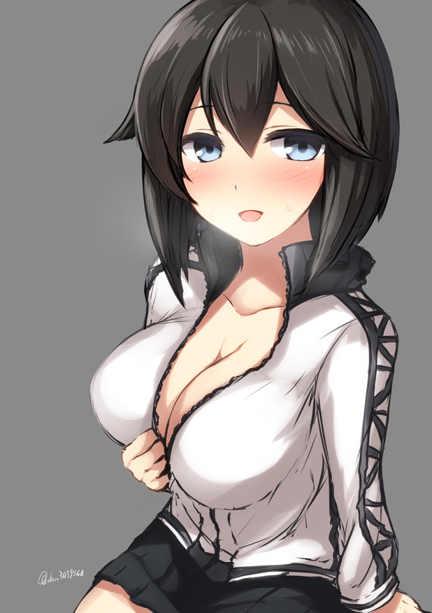 1girl, black_hair, blue_eyes, blush, breasts, cleavage, don_(29219), grey_background