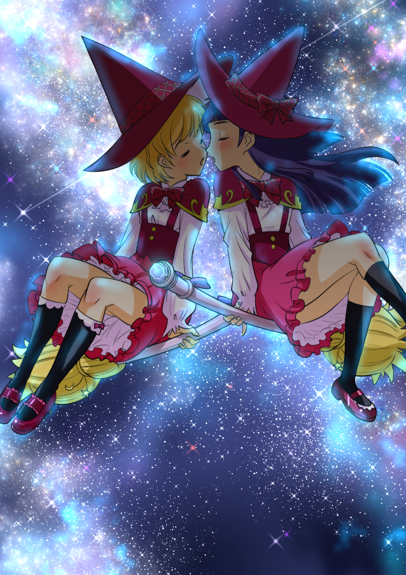 asahina_mirai, blonde_hair, broom, broom_riding, hat, incipient_kiss, izayoi_liko, kamirenjaku_sanpei