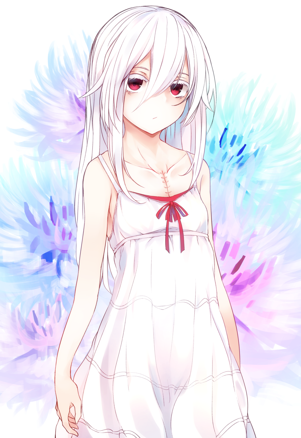 1girl, bare_shoulders, collarbone, dress, floral_background, haegiwa, hair_between_eyes, highres