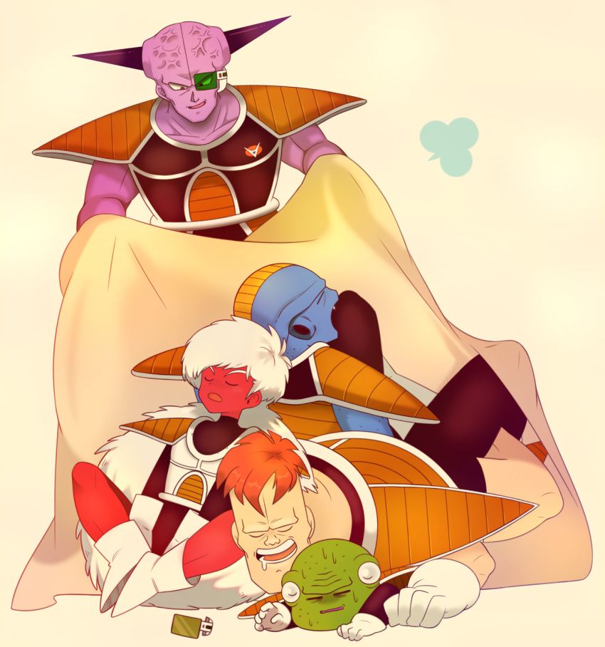 5boys, armor, blanket, blue_skin, boots, burter, captain_ginyu, closed_eyes