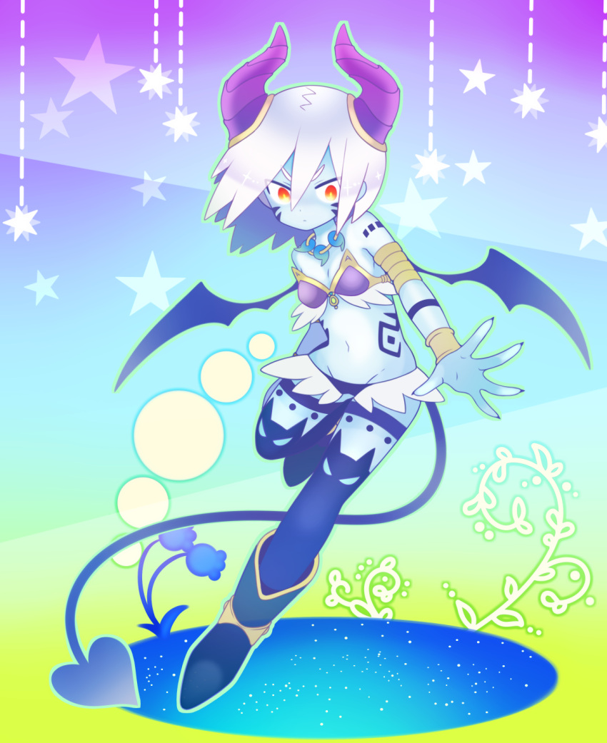 1girl, armband, bare_shoulders, bikini_top, blue_skin, boots, demon_horns, demon_tail