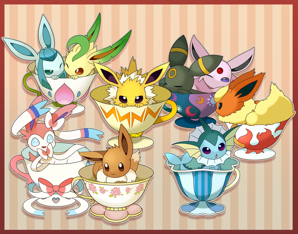 border, bow, brown_border, closed_eyes, crescent, cup, eevee, espeon