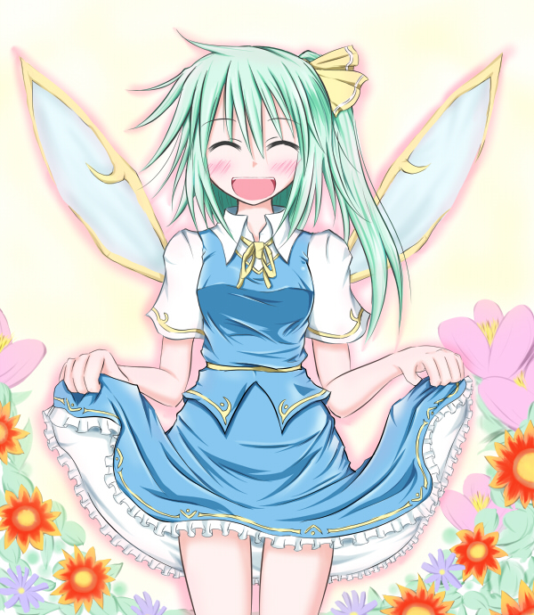 blush, breasts, closed_eyes, daiyousei, dress, dress_lift, green_hair, hair_ribbon, kirino_souya, ponytail, ribbon, solo, souya, touhou, wings