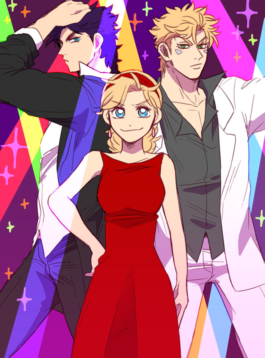 1girl, 2boys, absurdres, black_hair, blonde_hair, blue_eyes, caesar_anthonio_zeppeli, dress