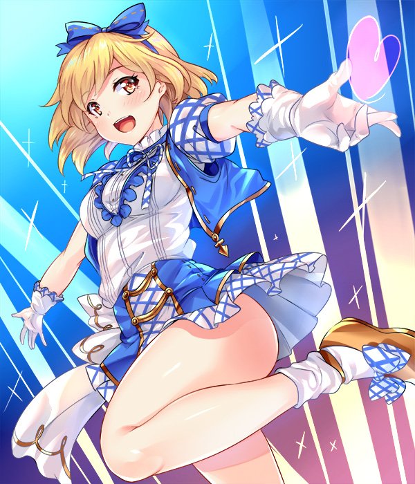 1girl, blonde_hair, blue_ribbon, blush, breasts, brown_eyes, djeeta_(granblue_fantasy), gloves