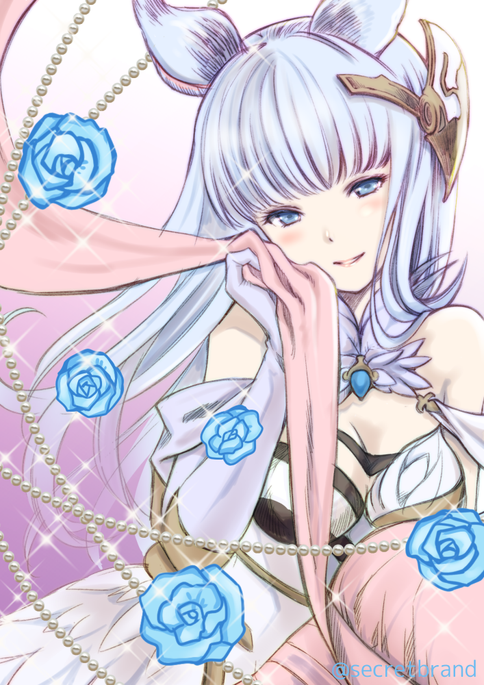 1girl, animal_ears, bangs, blue_eyes, blue_rose, blunt_bangs, blush, breasts