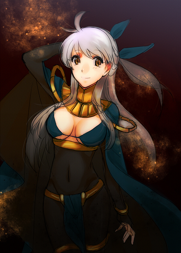 1girl, black_background, bodysuit, breasts, bridal_gauntlets, cleavage, covered_navel, fire_emblem