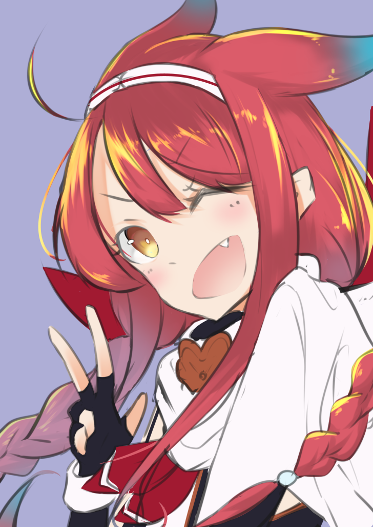 1girl, ;d, abogado, ahoge, black_gloves, blue_background, braid, commentary_request