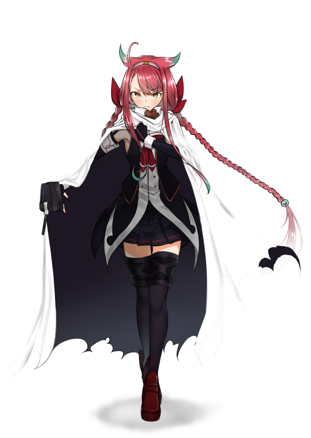 1girl, abogado, ahoge, black_cape, black_gloves, black_legwear, black_skirt, braid, brown_shoes, cape, elbow_gloves, fingerless_gloves, full_body, gloves, gradient_hair, hair_flaps, hair_ribbon, hairband, hand_on_own_chest, highres, kantai_collection, kawakaze_(kantai_collection), loafers, long_hair, looking_at_viewer, low_twintails, multicolored_cape, multicolored_hair, neckerchief, pleated_skirt, redhead, remodel_(kantai_collection), ribbon, school_uniform, serafuku, shirt, shoes, simple_background, skirt, sleeveless, sleeveless_shirt, solo, standing, thigh-highs, turret, twin_braids, twintails, very_long_hair, white_background, white_cape, yellow_eyes