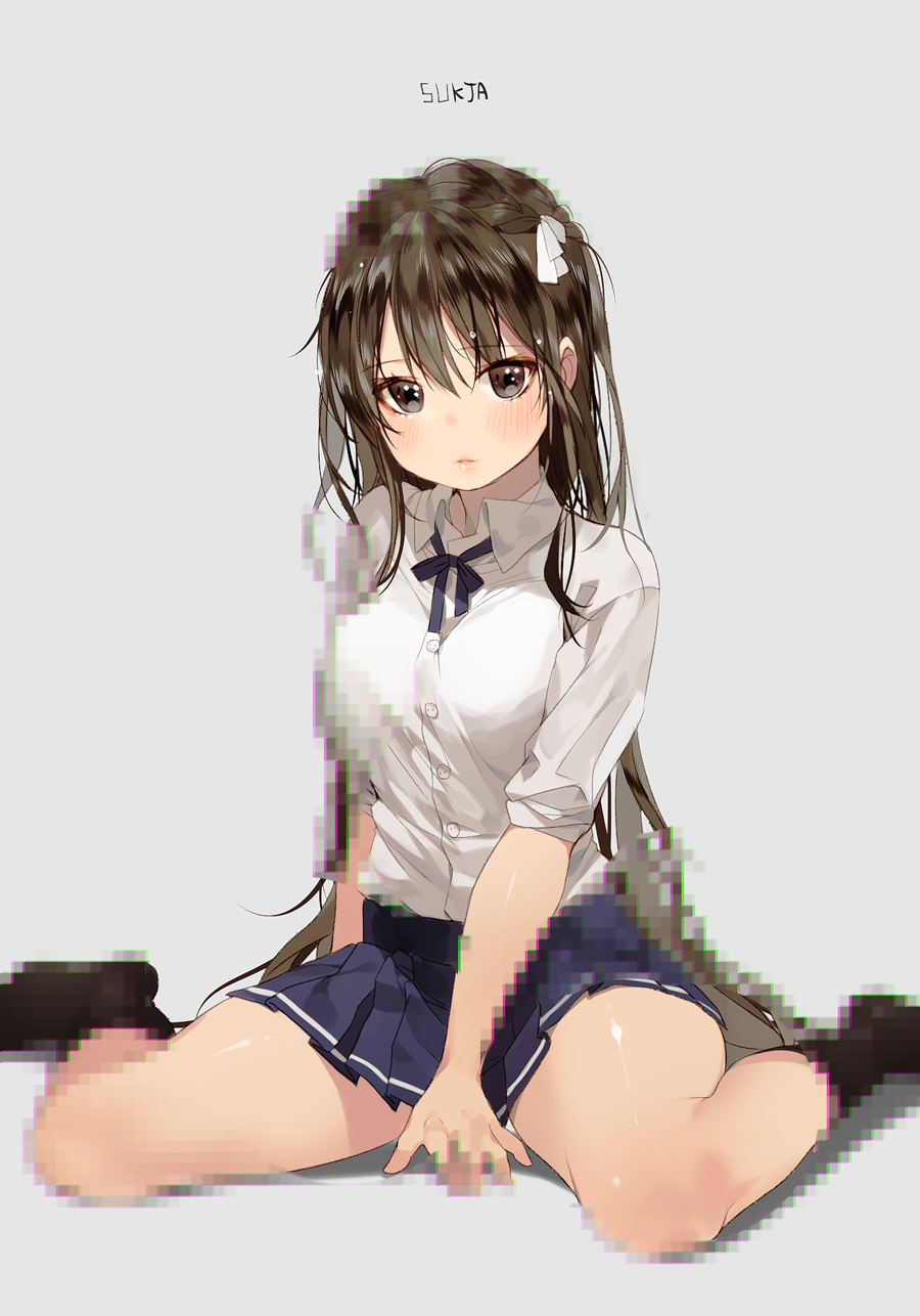 1girl, artist_name, between_legs, black_legwear, blue_ribbon, blue_skirt, blush, braid