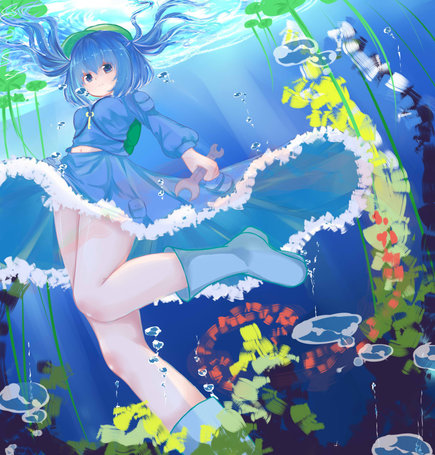 1girl, benmiaobituona, blue_boots, blue_eyes, blue_hair, boots, bubble, dress