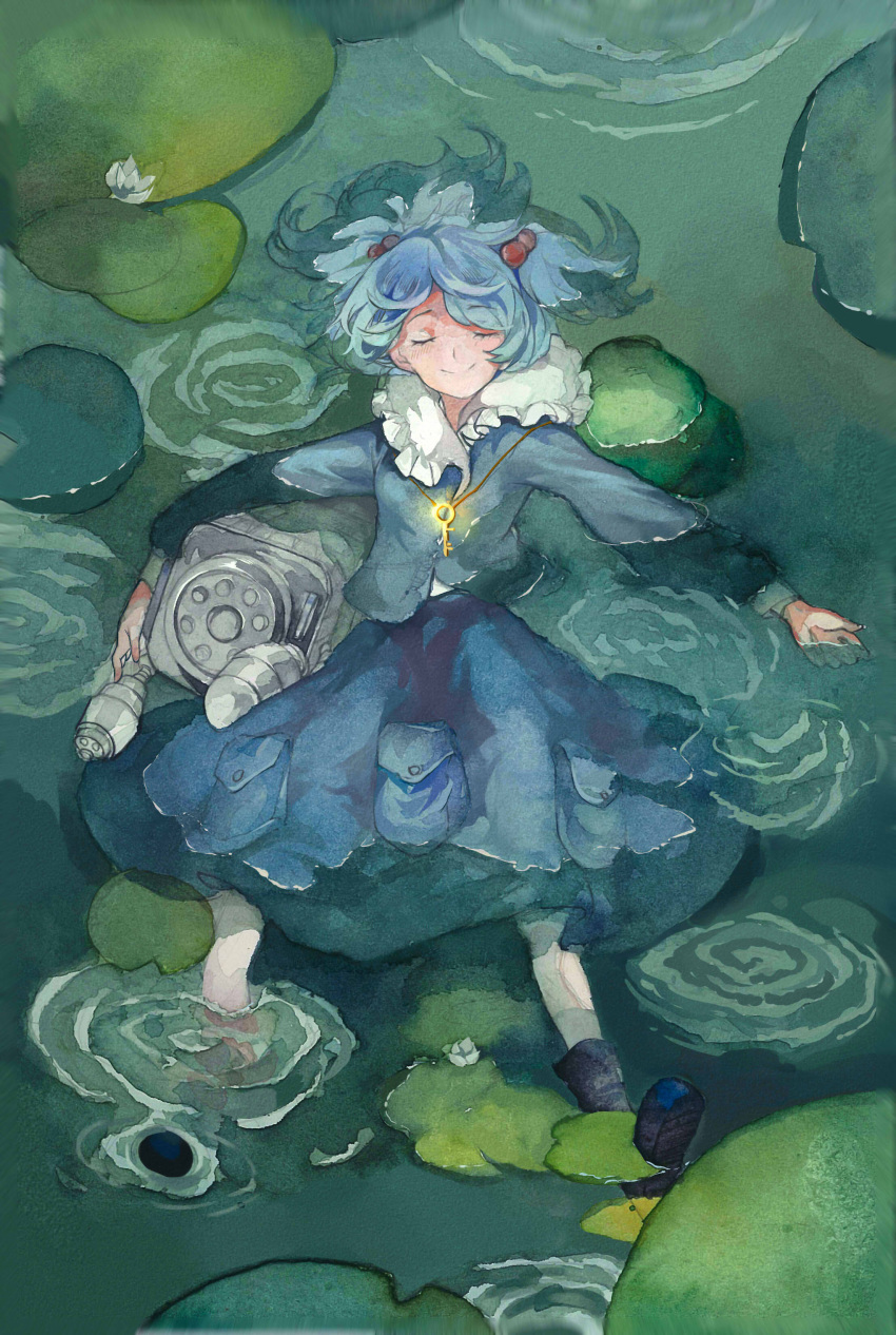 1girl, absurdres, blue_boots, blue_hair, blush, boots, closed_eyes, collar