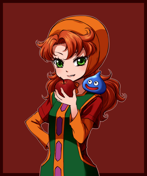 1girl, apple, blush, breasts, curly_hair, dragon_quest, dragon_quest_vii, dress