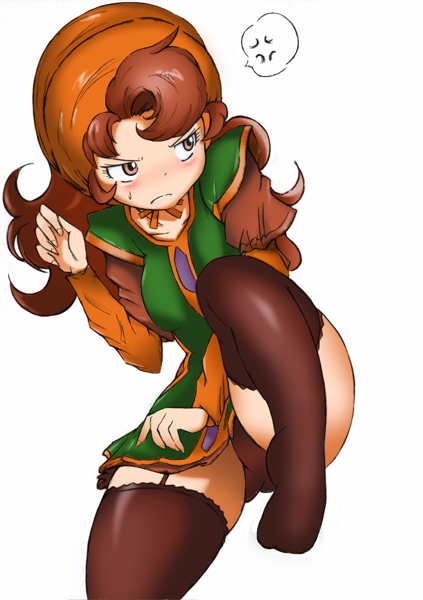 1girl, alternate_eye_color, black_legwear, blush, breasts, brown_eyes, curly_hair, dragon_quest