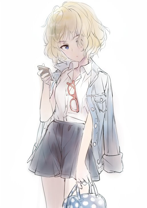 1girl, alice_margatroid, alternate_costume, bag, blonde_hair, blue_eyes, cellphone, colored