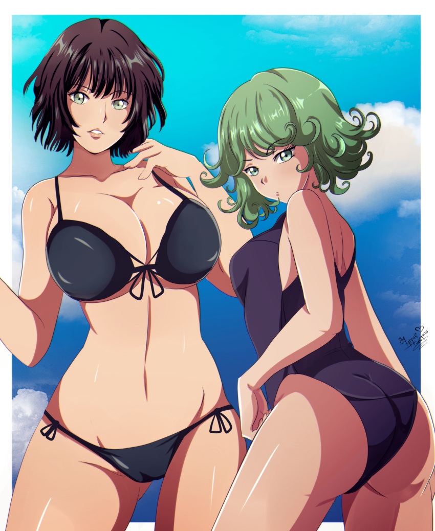 2girls, ass, bangs, bikini, black_bikini, black_hair, black_ribbon, blunt_bangs
