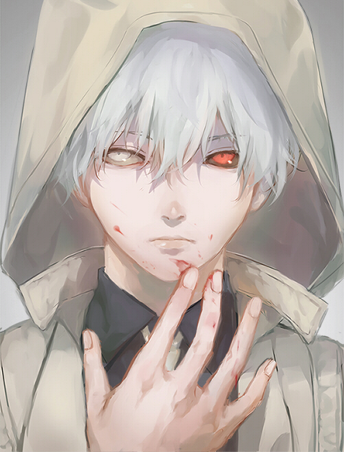 1boy, black_sclera, black_shirt, blood, blood_on_face, fuurin, hood, hooded_jacket