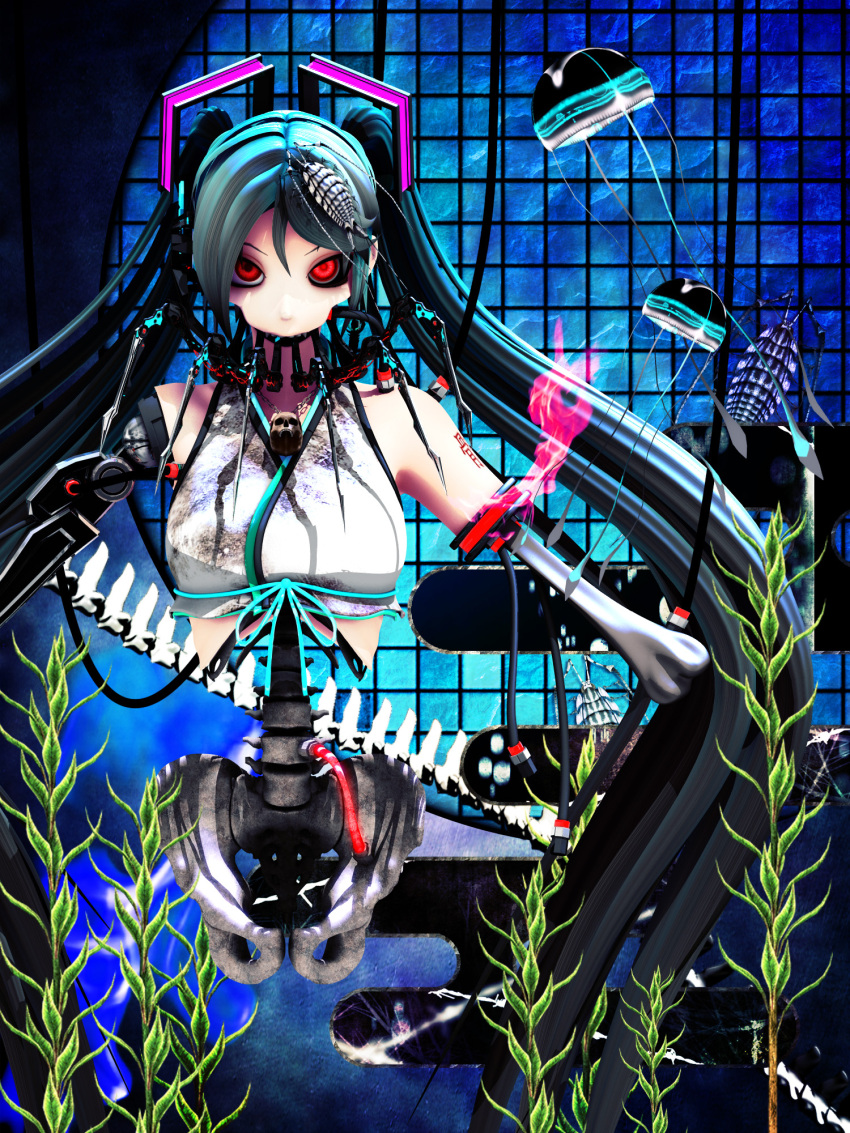 1girl, 3d, android, aqua_eyes, aqua_hair, black_hair, calne_ca, crustacean