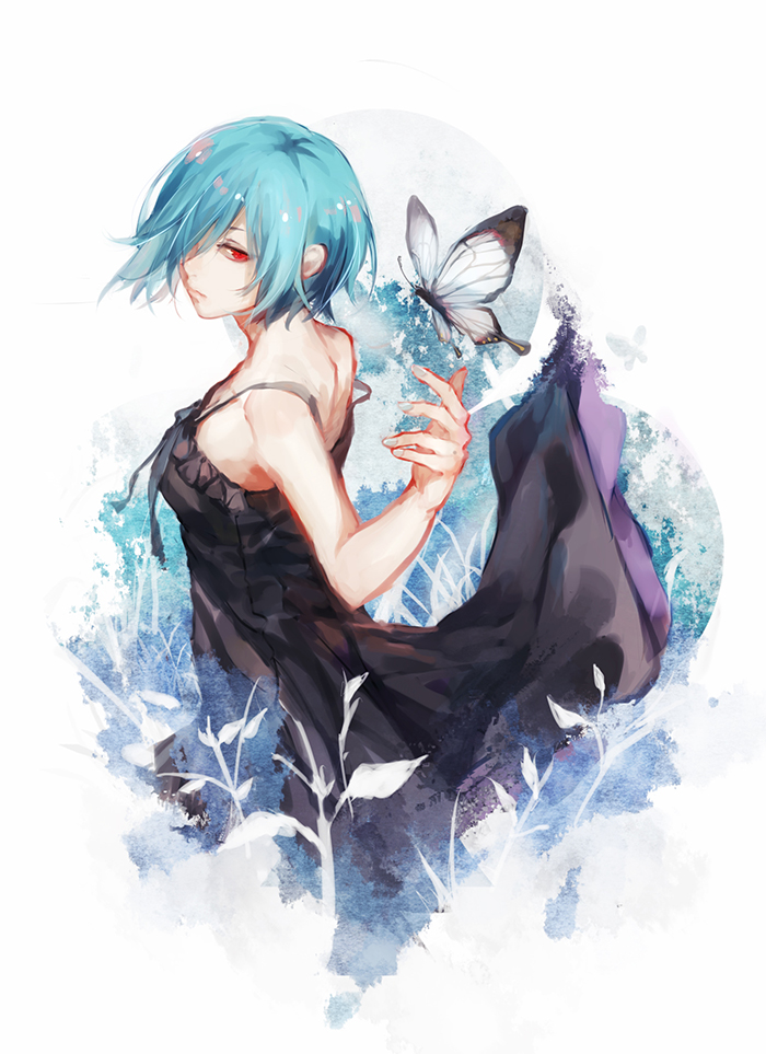 1girl, black_dress, blue_hair, butterfly, dress, fuurin, hair_over_one_eye, kirishima_touka