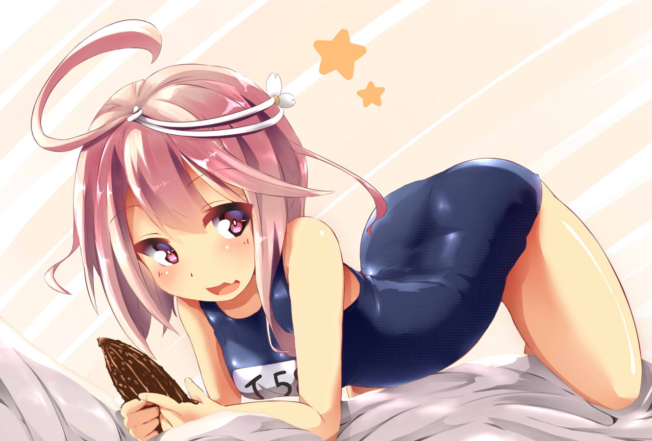 1girl, ahoge, all_fours, arched_back, bare_shoulders, bitter_melon, blush, food