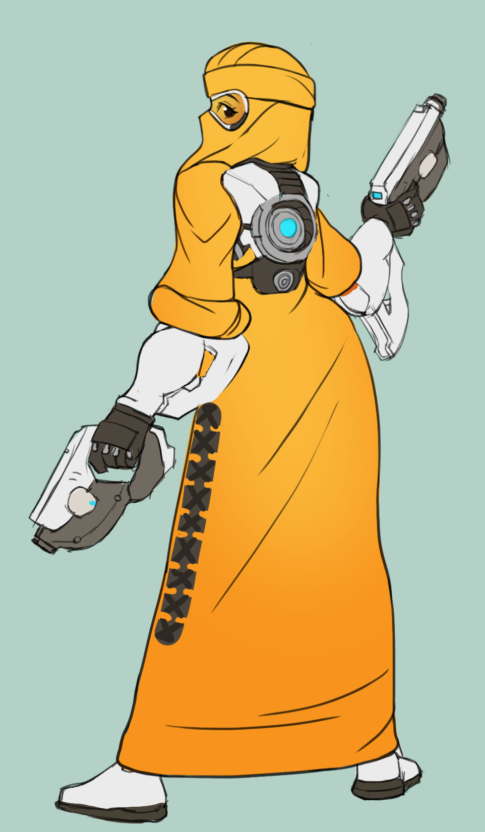 1girl, adapted_costume, boots, brown_eyes, burqa, covered_face, dual_wielding, from_behind