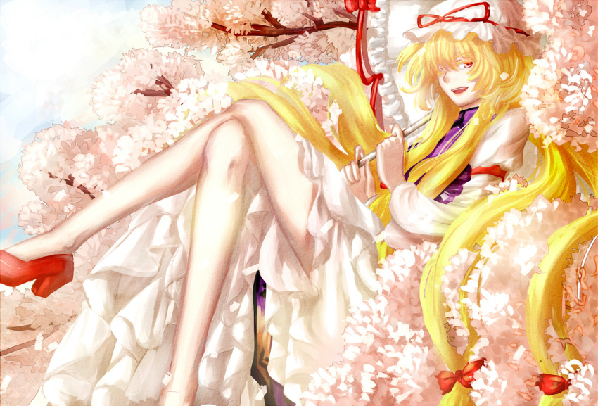 1girl, absurdly_long_hair, blonde_hair, cherry_blossoms, in_tree, legs, long_hair, looking_at_viewer