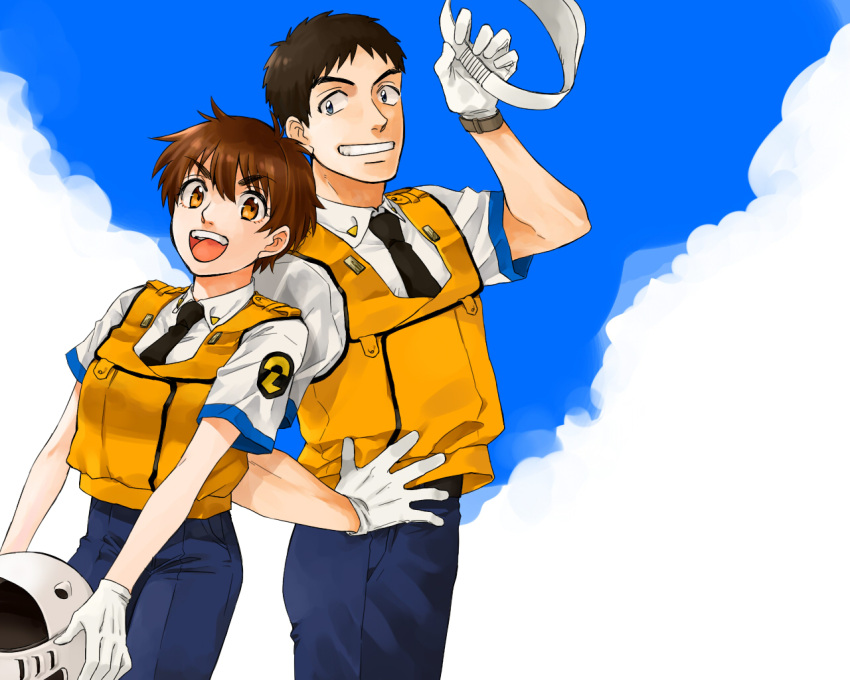 1boy, 1girl, aotama, black_hair, blue_eyes, brown_eyes, brown_hair, izumi_noa, kidou_keisatsu_patlabor, necktie, police, shinohara_asuma, short_hair, uniform