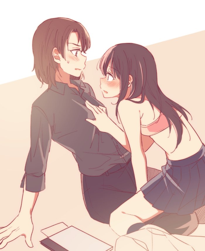 2girls, age_difference, bare_shoulders, belt, black_legwear, blue_skirt, blush, book
