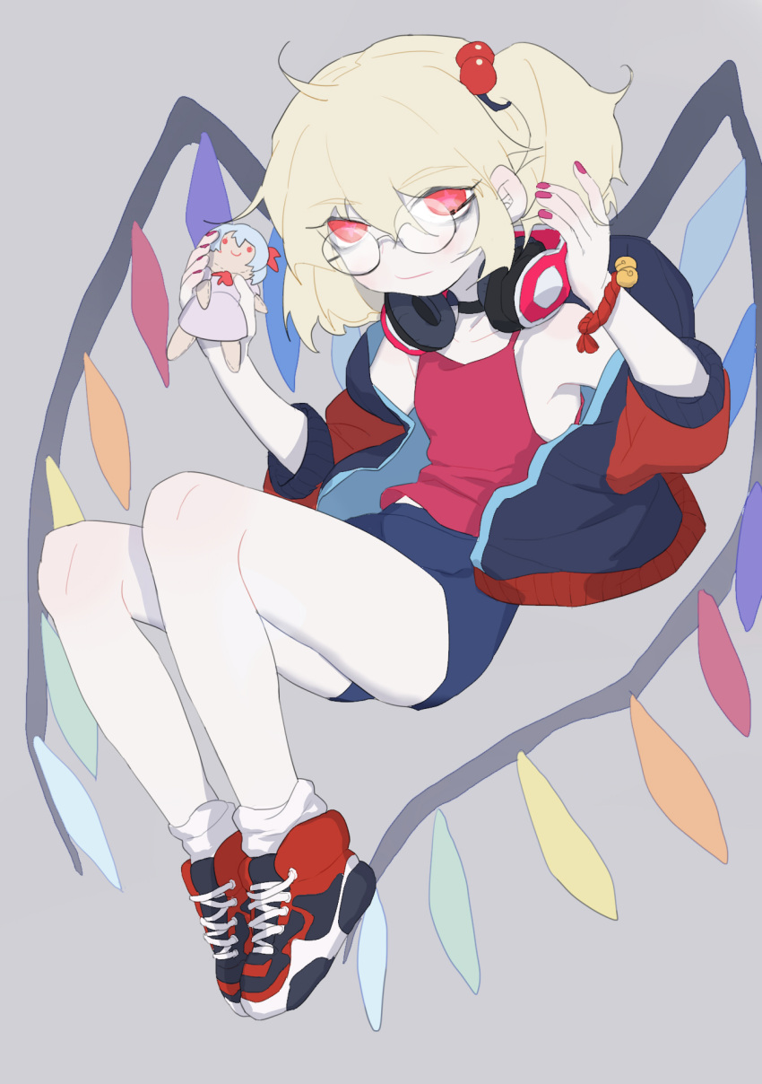 1girl, alternate_costume, alternate_headwear, bare_legs, bell, bespectacled, blonde_hair, bracelet, character_doll, choker, contemporary, crystal, flandre_scarlet, full_body, glasses, grey_background, hair_bobbles, hair_ornament, headphones, highres, humanlynn, jacket, jewelry, looking_at_viewer, nail_polish, off_shoulder, pale_skin, red_eyes, remilia_scarlet, shoes, short_hair, shorts, side_ponytail, simple_background, sneakers, solo, stuffed_toy, tank_top, touhou, track_jacket, wings