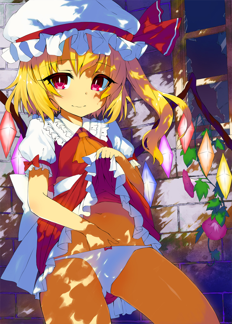 1girl, blonde_hair, crystal, flandre_scarlet, hat, hat_ribbon, looking_at_viewer, midriff