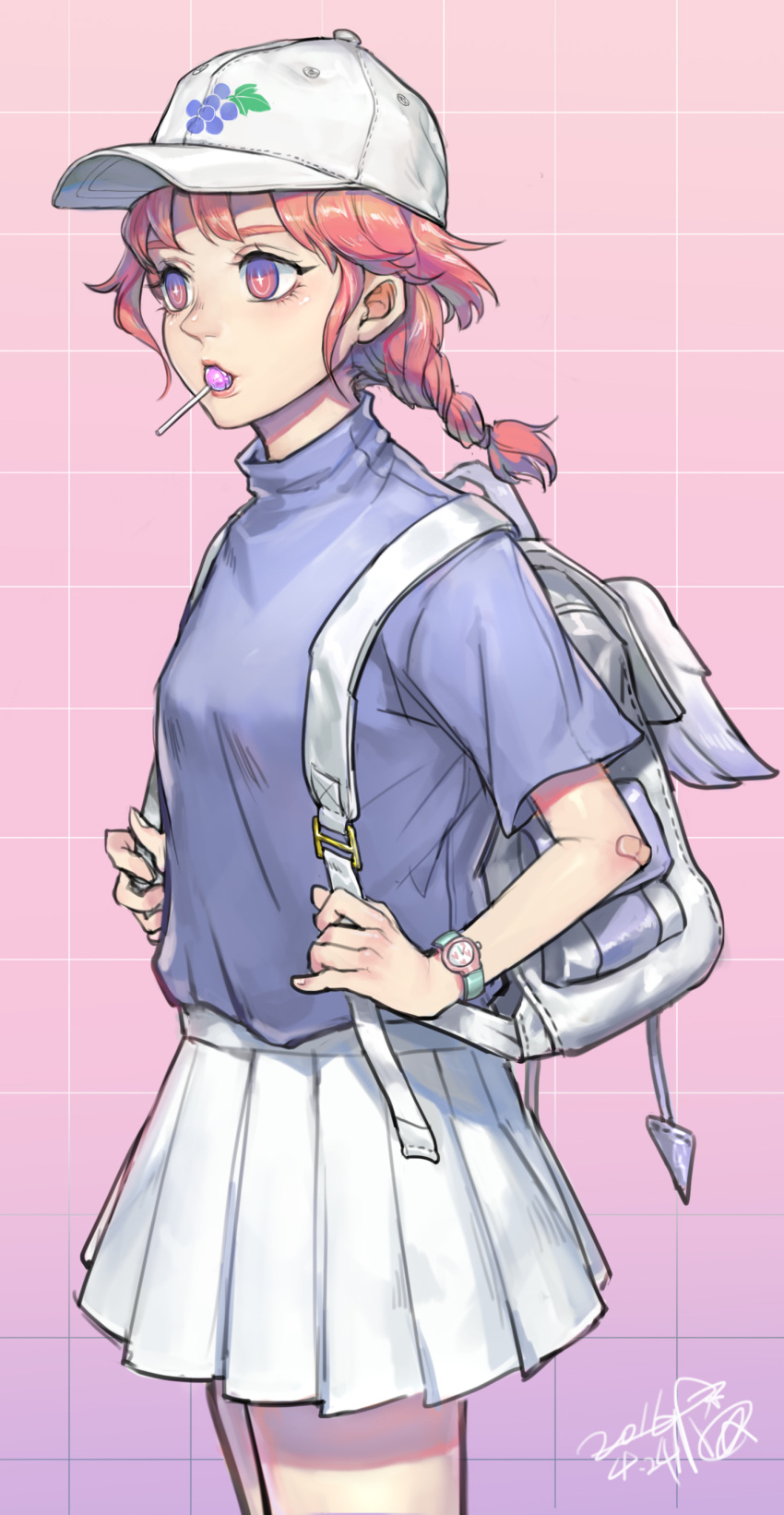 +_+, 1girl, 2016, absurdres, backpack, bag, bandaid_on_elbow, bangs