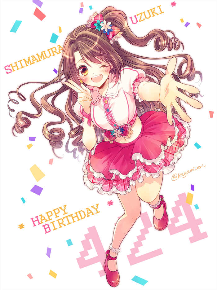 1girl, breasts, brown_eyes, brown_hair, character_name, happy_birthday, idolmaster, idolmaster_cinderella_girls