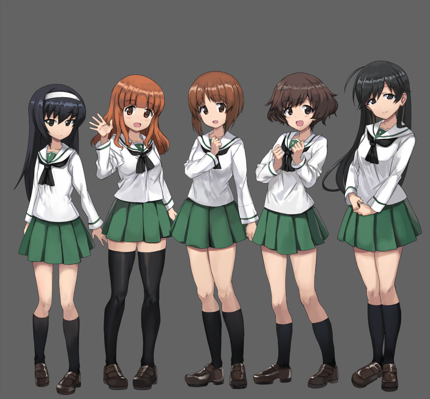 5girls, akiyama_yukari, ashiwara_yuu, black_eyes, black_hair, black_legwear, brown_eyes, girls_und_panzer, green_skirt, hairband, highres, isuzu_hana, loafers, long_hair, looking_at_viewer, multiple_girls, nishizumi_miho, open_mouth, pleated_skirt, reizei_mako, school_uniform, shoes, short_hair, skirt, smile, standing, takebe_saori, thigh-highs, waving