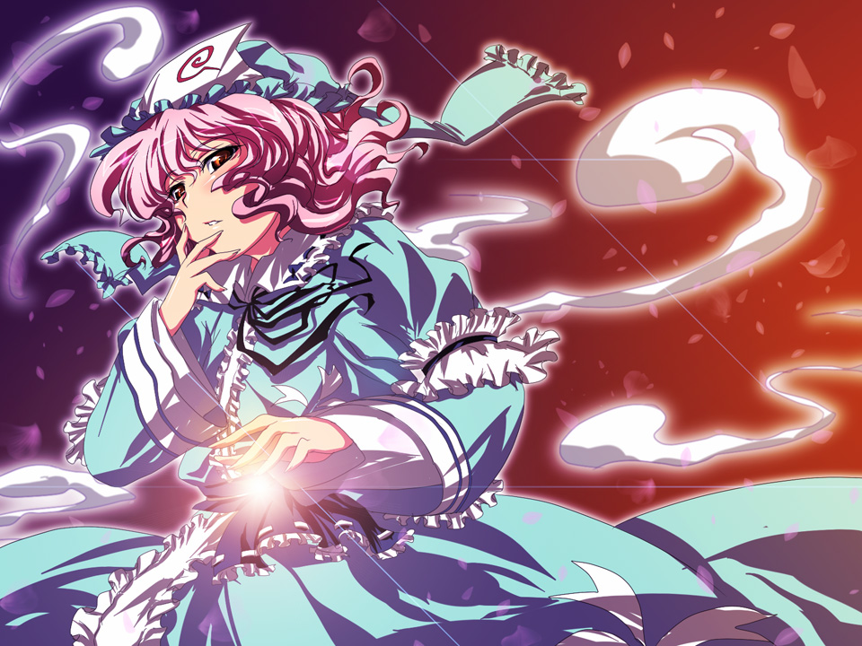 hat, mekabu, pink_hair, red_eyes, saigyouji_yuyuko, short_hair, solo, touhou