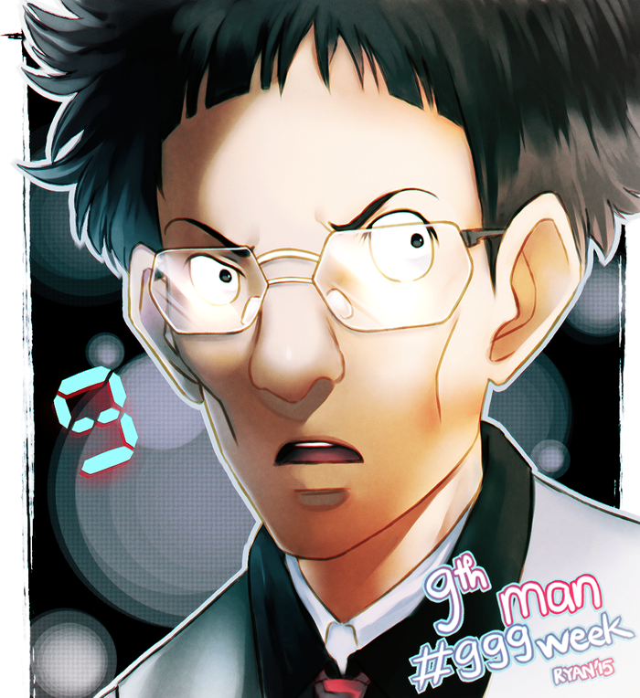 1boy, black_hair, glasses, kyokugen_dasshutsu, kyokugen_dasshutsu:_9_jikan_9_nin_9_no_tobira, male_focus, ninth_man_(kyokugen_dasshutsu), open_mouth