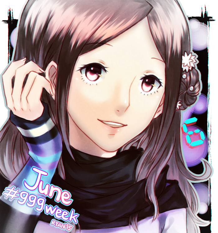 1girl, brown_hair, flower, hair_flower, hair_ornament, hand_in_hair, kurashiki_akane, kyokugen_dasshutsu