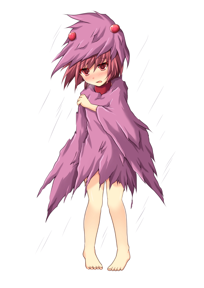 1girl, barefoot, blush, coat, commentary_request, cross_(crossryou), female, hat, open_mouth, personification, rain, red_eyes, red_smogy, redhead, solo, the_ultraman, ultra_series, wide_sleeves